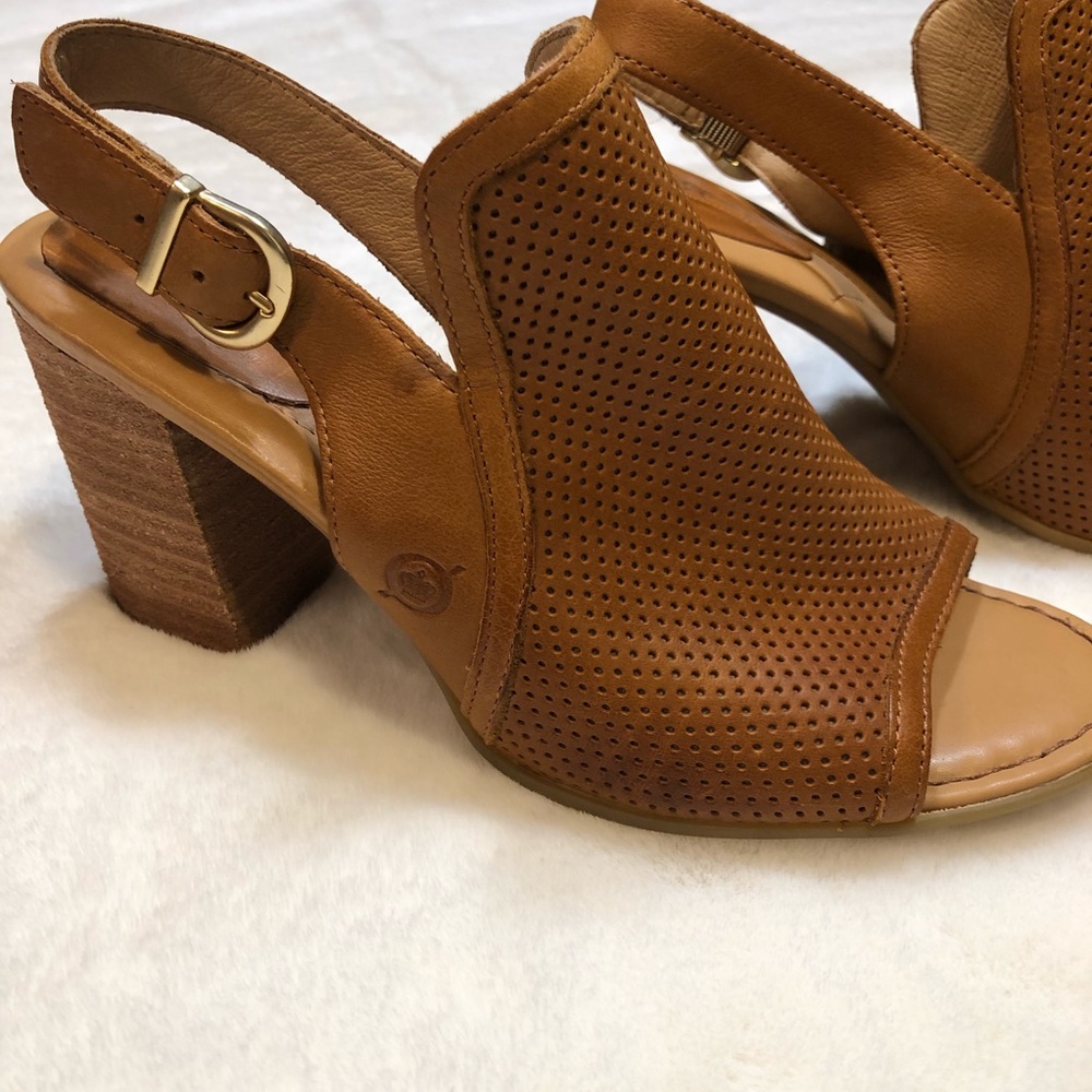 Born Tan Perforated Leather Block Heel Slingback Sandals